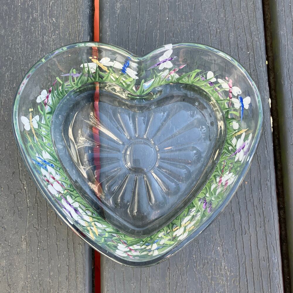 Heart shaped glass bowl with hand painted dragonflies, fairy cottagecore forest